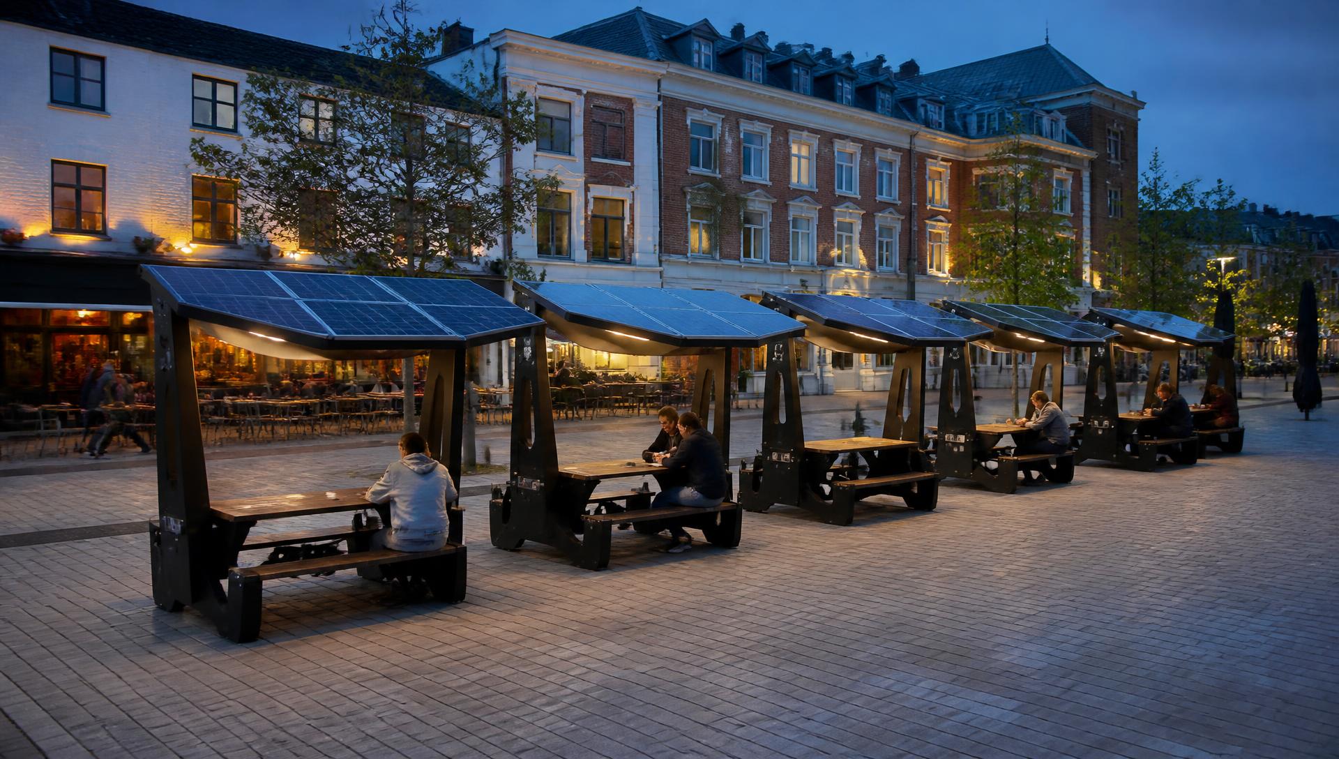 A run of solar canopy benches in a town square at dusk, canopy lighting on