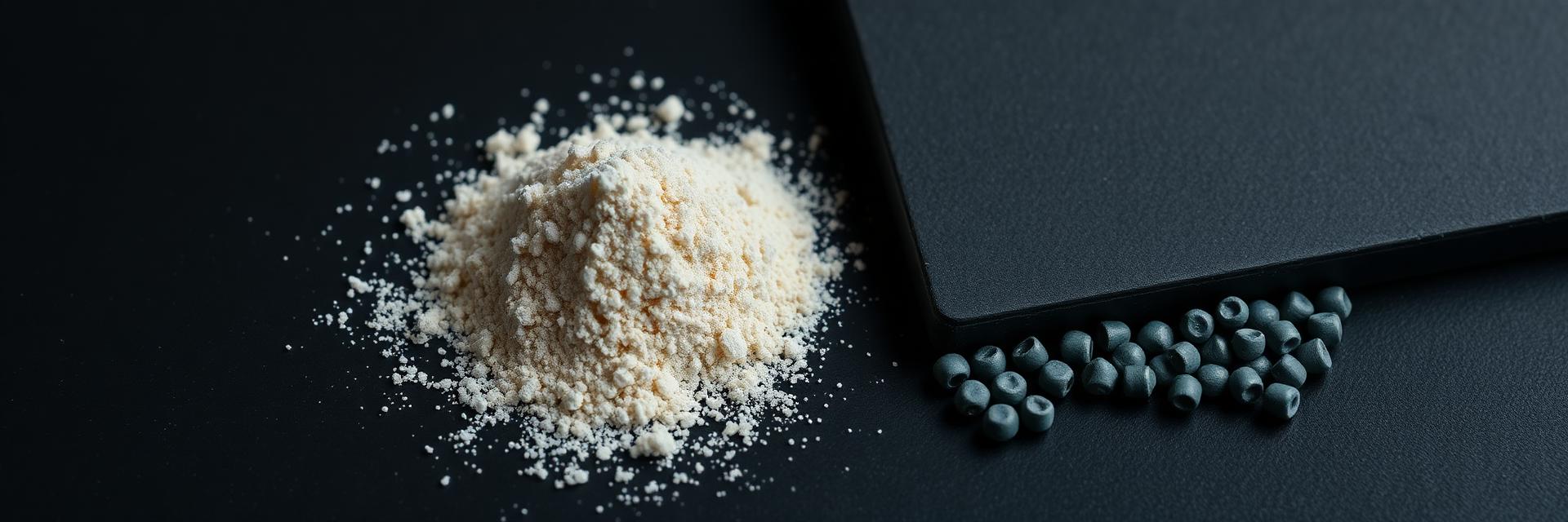 Pine cellulose powder beside hemp plastic pellets and a moulded bench panel
